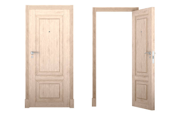 istock Open and closed wooden doors with doorframe. 3D rendering 2196087944