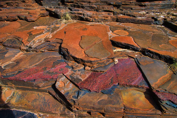Amazing colours and structures on thin layers of banded ironstone formations in Karijini National park, in the Hamersley Range, Western Australia