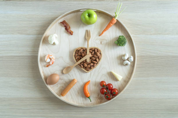istock Intermittent fasting IF and keto diet concept with hour clock timer for eating nutritional or ketogenic food low carb, high fat and protein food meal healthy heart dish, skipping meal for weight loss 2196105676