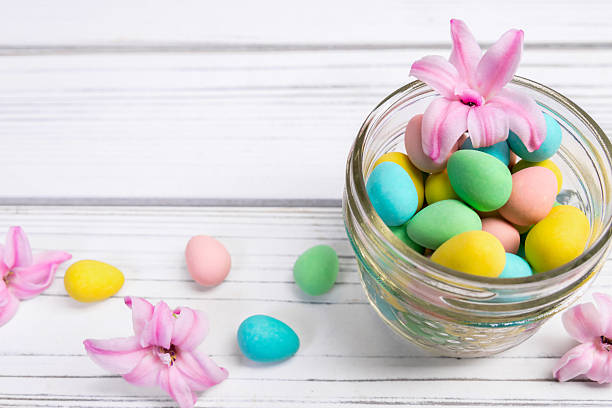 Easter confectionery sweets candy in a easter glass bowl studio shot