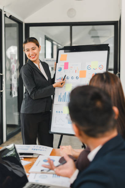 istock confident woman presents data on flip chart in modern office. Her engaging demeanor captures attention of colleagues during business meeting 2196110193