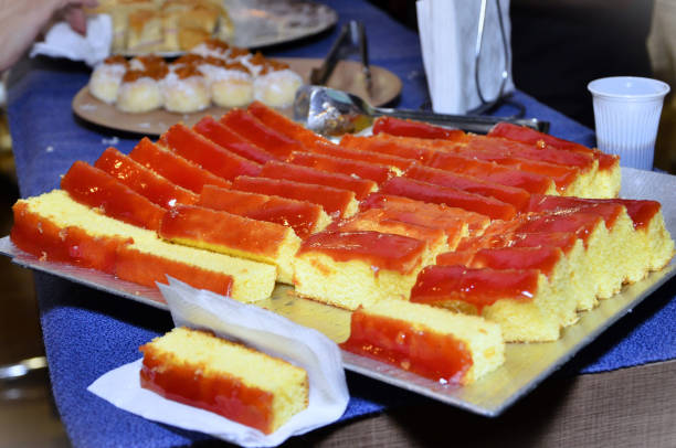 Tray with cornmeal cake with guava paste on the table