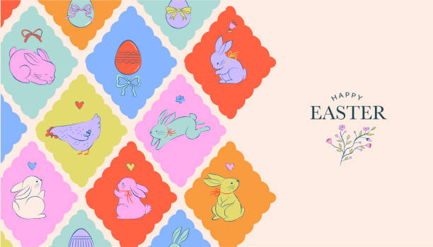 istock Easter design, hand drawn sweet illustrations of bunnies, eggs, bows, flowers and basket in vintage dolce vita cute style, pastel colors illustrations, banners, posters and greetings cards 2196114570