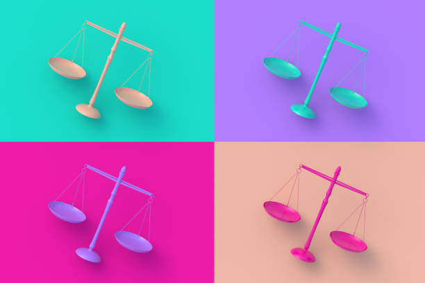 Set of four different color justice scale on colorful segmental background. 3d render