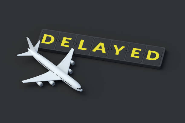 istock Word delayed on flipboard near plane on black background. Flight schedule. Business concept. 3d render 2196114726