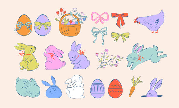 illustrations, cliparts, dessins animés et icônes de conception de pâques, illustrations douces dessinées à la main de lapins, œufs, arcs, fleurs et panier dans le style mignon de la dolce vita, ensemble d’illustrations de couleurs pastel - lapin de pâques