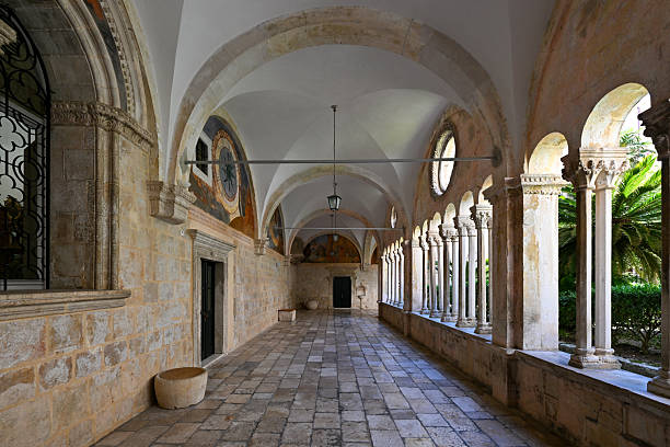 Beautiful view of historic courtyard Franciscan of the famous Church and Monastery in Dubrovnik, Dalmatia region, Croatia