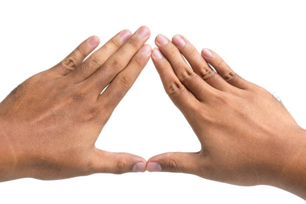 istock close up of male hands showing triangle shape isolated on white background 2196123338