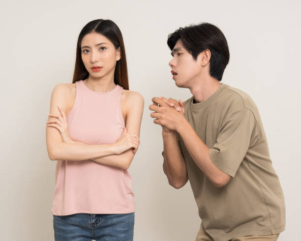 istock Happy asian couple attractive in various action gesture standing on isolated white background. Cheerful Smiling young man and woman 2196123574