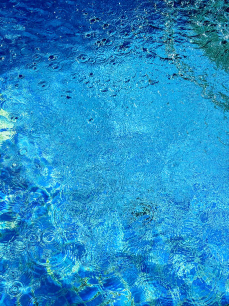 A close-up of the edge of a swimming pool showcasing vibrant blue water with ripples and patterns formed by water droplets. The striking blue color and dynamic textures create a refreshing and eye-catching composition.