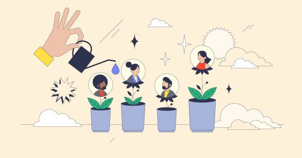 Developing talent through nurturing hands, featuring plants, people, and watering ... Developing talent through nurturing hands, featuring plants, people, and watering can. Neubrutalism hands concept flourish art stock illustrations