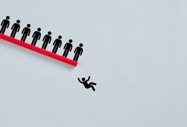istock Businessman falling from red pencil bridge with other businessmen watching 2196139715