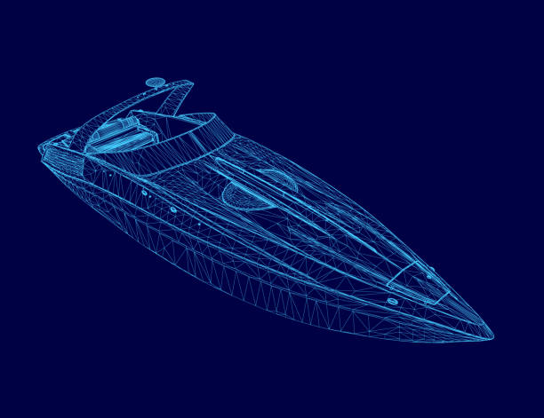 istock Blue boat is shown in a blue background. The boat is a small speed boat 2196140987