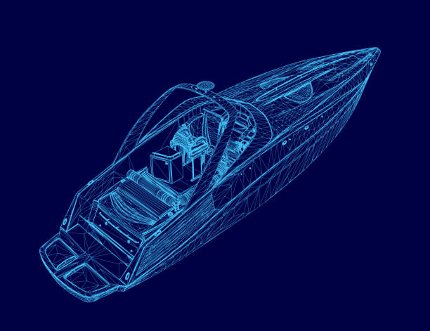 istock Blue boat wireframe. The boat is shown in a blue color scheme 2196141104