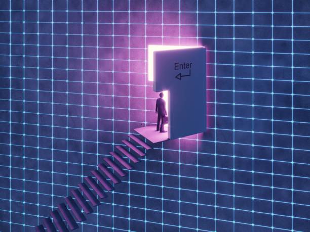 Business man stands in front of the enter key