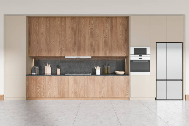 istock Modern kitchen interior with minimalist wooden cabinets and built-in appliances. 3D Rendering 2196144453