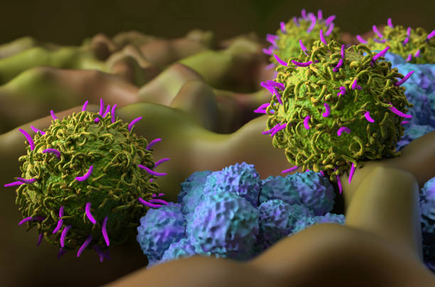 CAR T cell therapy in lung cancer (LC) - closeup view 3d illustration stock photo