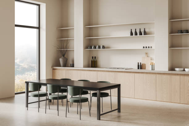 istock Minimalist dining area with modern furniture and neutral tones. 3D Rendering 2196144938