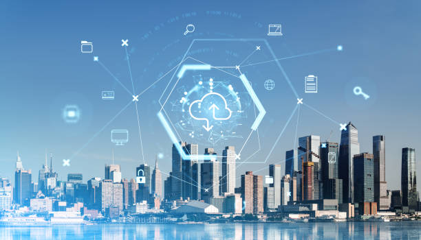 istock Digital network and cloud storage icons over Manhattan cityscape, representing online data technology and connectivity concept. 2196145208