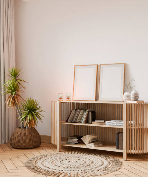 istock Wall mockup, in cozy simple living room poster wood frame in empty picture, element interior vertical, on the wall. in illustration 3d render 2196145419