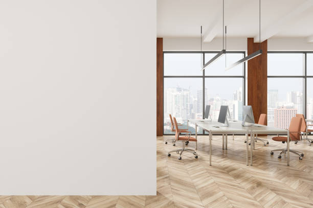 istock Blank white wall mockup with modern office interior view and cityscape in background, ideal for design or artwork placement. 3D Rendering 2196145515