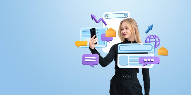 istock Woman taking selfie with digital communication icons on blue bac 2196145548