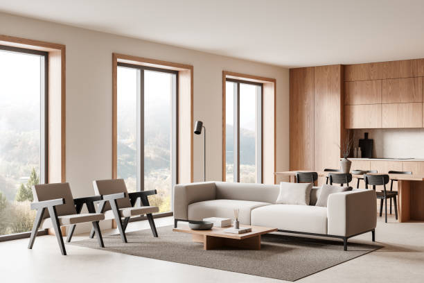 istock Modern living room and kitchen interior with large windows and wooden details. 3D Rendering 2196146461