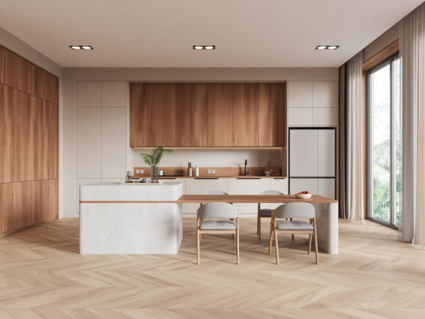 istock Modern kitchen interior with wooden cabinetry and minimalist dining table. 3D Rendering 2196146648