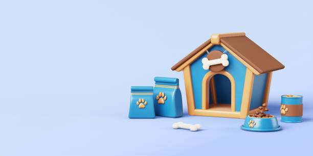 Pet sitter service 3d banner. Dog house with bowl, feed bag, tin can, bone on blue background render. Offer pet sitting business. Help to care and walking for domestic animals concept