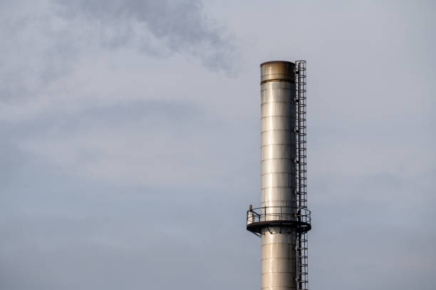 A close-up of a tall industrial smokestack with a metal ladder and faint smoke emerging from the top. The image captures the functionality of industrial infrastructure against a cloudy sky.