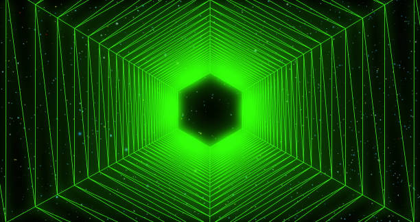 Glowing hexagonal tunnel in dark space with stars. Bright neon light. Backdrop for start, night club, sci-fi space and science themes.