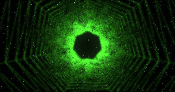 istock Glowing hexagonal web in dark space with stars. Bright neon light. Template for mysticism, magic, space and universe study 2196155275