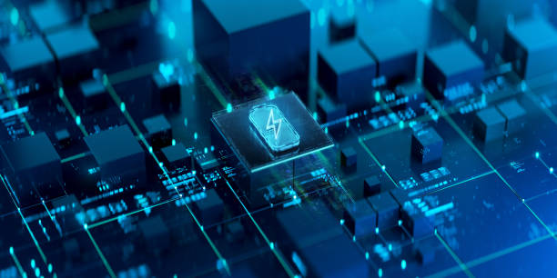 istock Power efficiency and charging core. Battery ultra fast charging and efficiency concept futuristic background. Futuristic battery icon in world of technological progress and innovation 2196157136