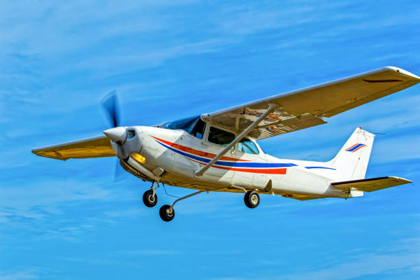 istock White aircraft with red and blue stripes flying 2196162190
