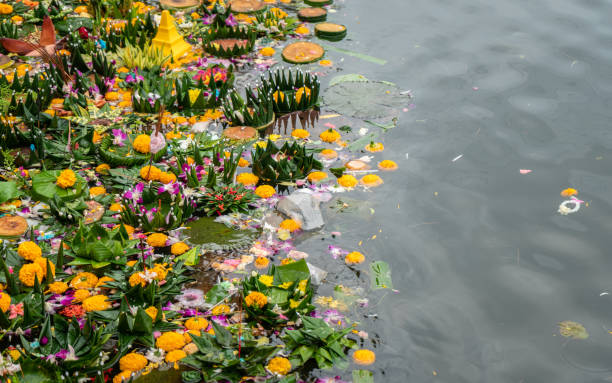 istock Garbage from Krathongs left in the pond after floating Krathongs (loy krathong). 2196163034