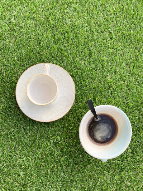 istock Top view of a coffee cup and a bowl with a spoon, placed on grass. 2196167932