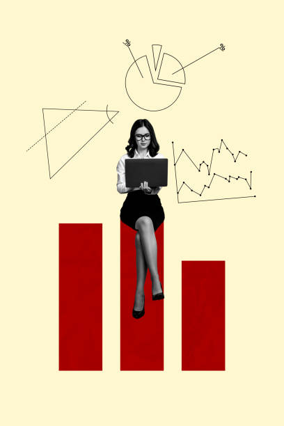istock Vertical image collage of smile office girl work laptop sit chart diagram statistics success leader aim isolated on colorful background 2196169056