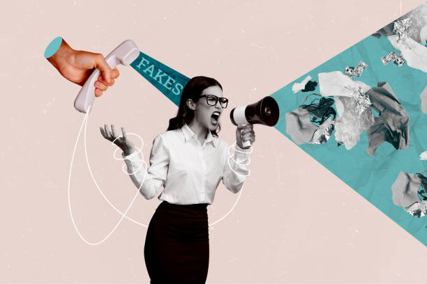 istock Trend artwork composite sketch image 3D photo collage of black white silhouette young lady hold in hand bullhorn talk fake trash speech 2196169120