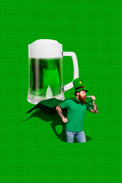 Creative collage image young man drink beer glass alcohol drink beverage green background saint patrick day festive theme party pub Creative collage image young man drink beer glass alcohol drink beverage green background saint patrick day festive theme party pub. drunk visual stock pictures, royalty-free photos & images
