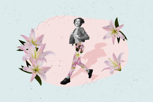 istock Composite image collage of excited young woman run fast outdoors walk spring warm atmosphere lily isolated on painted background 2196173778