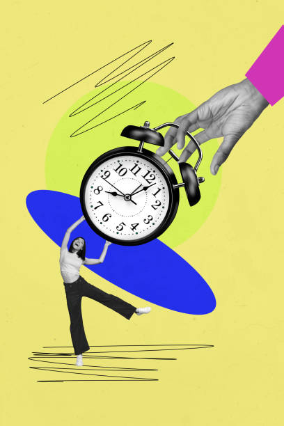 istock Vertical collage picture of black white colors arm hold bell ring clock mini overjoyed dancing girl isolated on painted background 2196176229