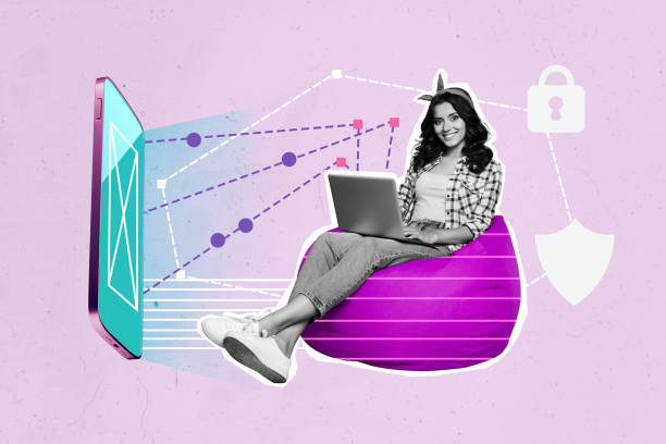 istock Trend artwork composite sketch image 3D photo collage of black white office manager work remote sit in beenbag hold laptop secure protect 2196176316