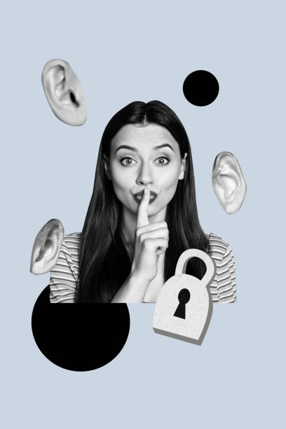 istock Vertical collage image of black white effect girl finger touch lips demonstrate shh symbol people ears lock protection isolated on blue background 2196176353