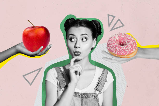 Artwork collage image of minded black white effect girl pick select two arms hold fresh apple glazed donut isolated on pink background