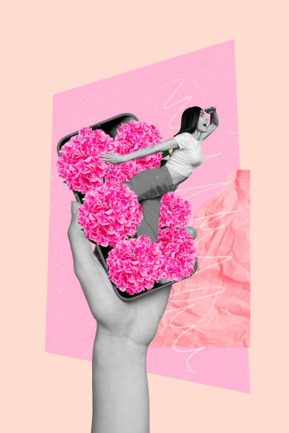 istock Composite collage of black white young lady appears from hydrangea flowers om device screen looking for gifts 8 march woman day 2196176366