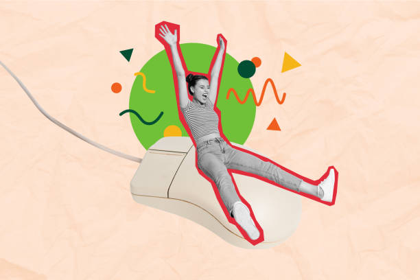 istock Composite photo collage of young happy girl sit computer mouse device tool user freelancer isolated on painted background 2196176391