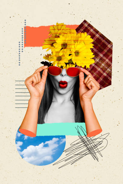 istock Creative artwork collage of charming lady daisy flowers on head lady pouted lips flirty touching sunglass isolated on beige background 2196177571