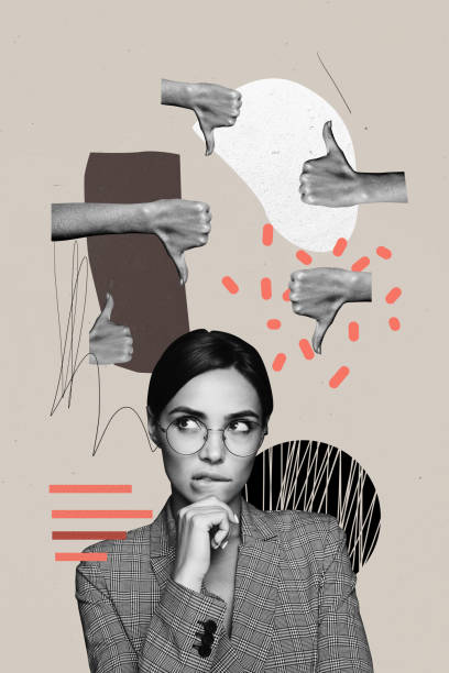 istock Vertical creative collage picture young attractive woman entrepreneur boss think decide choose dislike like thumbs up down reaction 2196177588