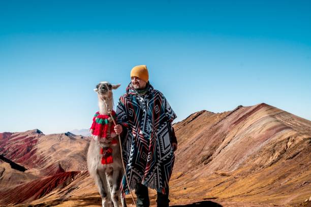 istock Man and llama on Rainbow Mountain, Peru. 2196179260