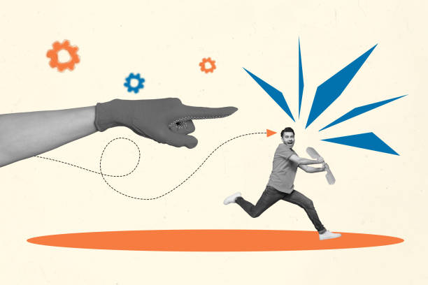 istock Creative collage poster running man hold telephone communication operator call center pointing finger master glove arm directional arrow 2196179918